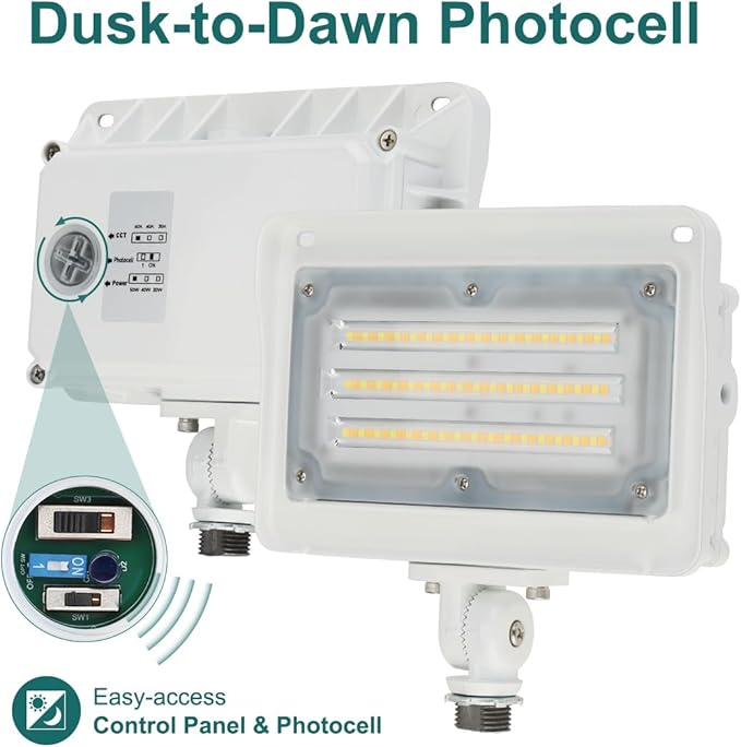 kadision LED Flood Light 50W/40W/30W, 3CCT 3000K/4000K/5000K Selectable, Dusk-to-Dawn Photocell, IP65 Waterproof Adjustable Knuckle Mount Security Lights, 100-277V ETL Listed, White
