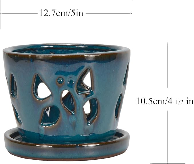 W&W Orchid Pot with Holes and Saucer for Repotting, Teal, 5 Inches