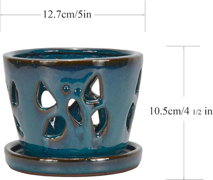 W&W Orchid Pot with Holes and Saucer for Repotting, Teal, 5 Inches