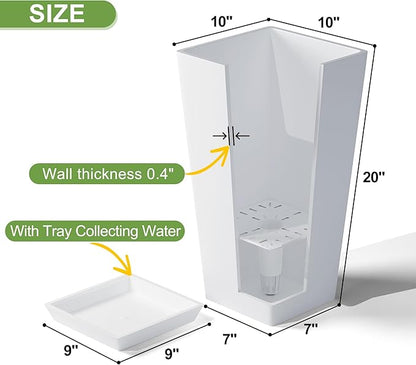 Elevens Set of 2 Tall Outdoor Planters 20 Inch, Large Planters for Indoor Outdoor Plants, Tapered Square Flower Pots with Tray for Patio, White