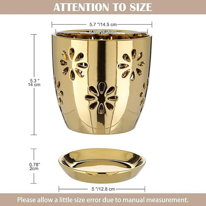 Oairse 6 inch Orchid Pots with Holes, Gold Ceramic Orchid Pot for Repotting Small Indoor Plant Pots with Drainage Holes and Saucers Decorative Flower Planter for Orchids, Indoor Plant