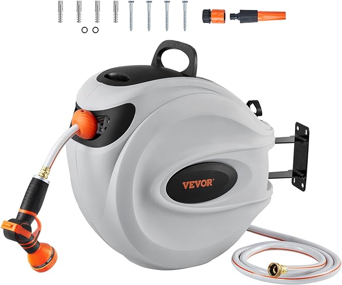 VEVOR Retractable Hose Reel, 115 ft x 1/2 inch, Garden Water Hose Reel with 9-Pattern Nozzle, 180° Swivel Bracket Wall-Mounted, Automatic Rewind, Lock at Any Length, with Slow Return System