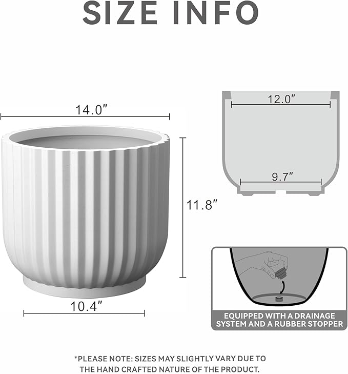 Kante Round Fulted Planter, 11 Inch Dia Large Concrete Plant Pots with Drainage Hole and Rubber Plug, Modern Decor for Indoor Outdoor Plants, Flower, White