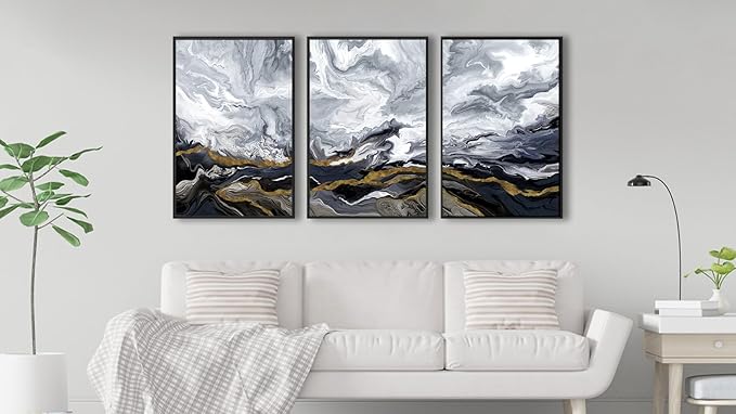 Large Framed Modern Wall Art - Abstract Landscape Cloudy Mountain Wall Decor 20"x28" Set of 3 Contemporary Grey Dark Painting Prints Marble Canvas Pictures for Living Room Bedroom Office Artwork