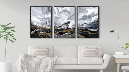 Large Framed Modern Wall Art - Abstract Landscape Cloudy Mountain Wall Decor 20"x28" Set of 3 Contemporary Grey Dark Painting Prints Marble Canvas Pictures for Living Room Bedroom Office Artwork