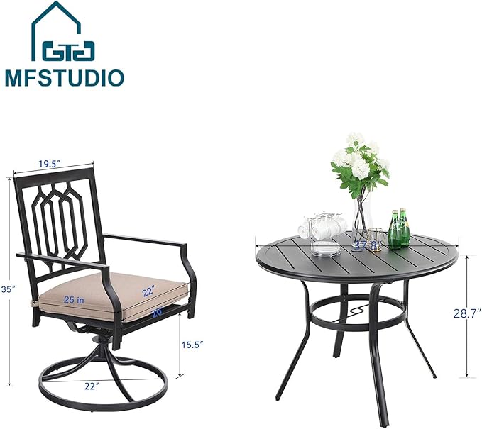 MFSTDIO 5 Piece Metal Patio Dining Set, 4 Swivel Armrest Chairs with Cushion and 37.8" Round Table with 1.57" Umbrella Hole Outdoor Furniture Set,Black
