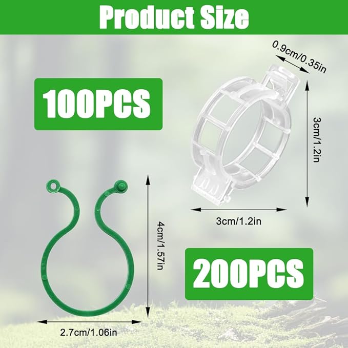 200 Pcs Plant Support Clips, 2 Types in 1 Pack, Plastic Garden Clips for Tomato, Grape, Cucumber, Vine Plants, Reusable Plant Clips for Climbing Plants (Green White)