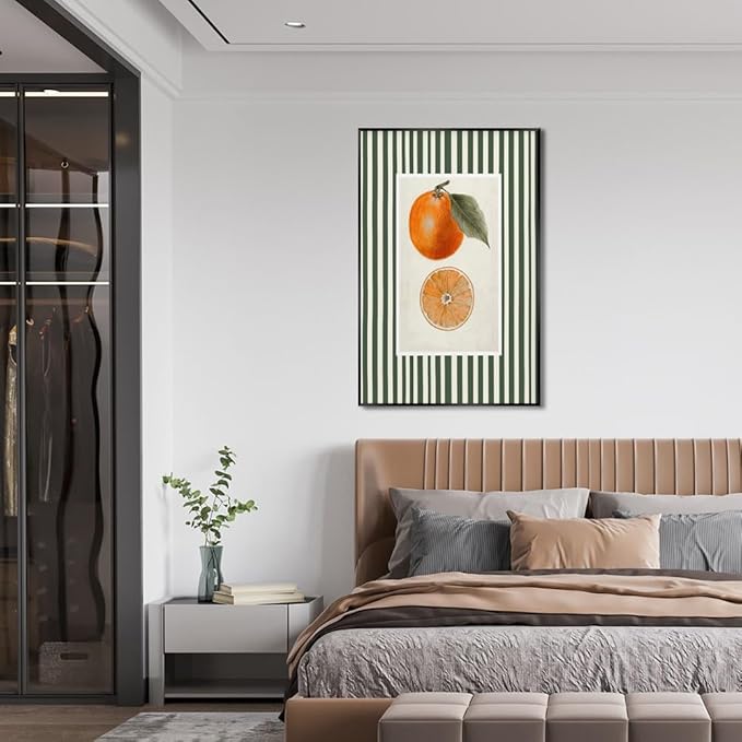 Vintage Green Striped Orange Fruit Canvas Wall Art Modern Farmhouse Botanical Kitchen Food Prints Posters Minimalist Colorful Aesthetic Pictures Boho Decor for Bedroom 20x30inch Metal Black Frame
