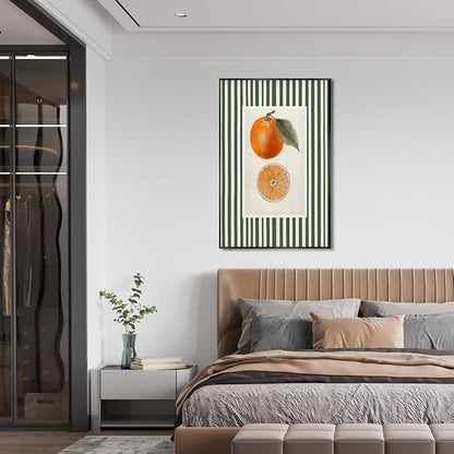 Vintage Green Striped Orange Fruit Canvas Wall Art Modern Farmhouse Botanical Kitchen Food Prints Posters Minimalist Colorful Aesthetic Pictures Boho Decor for Bedroom 16x24inch Metal Black Frame