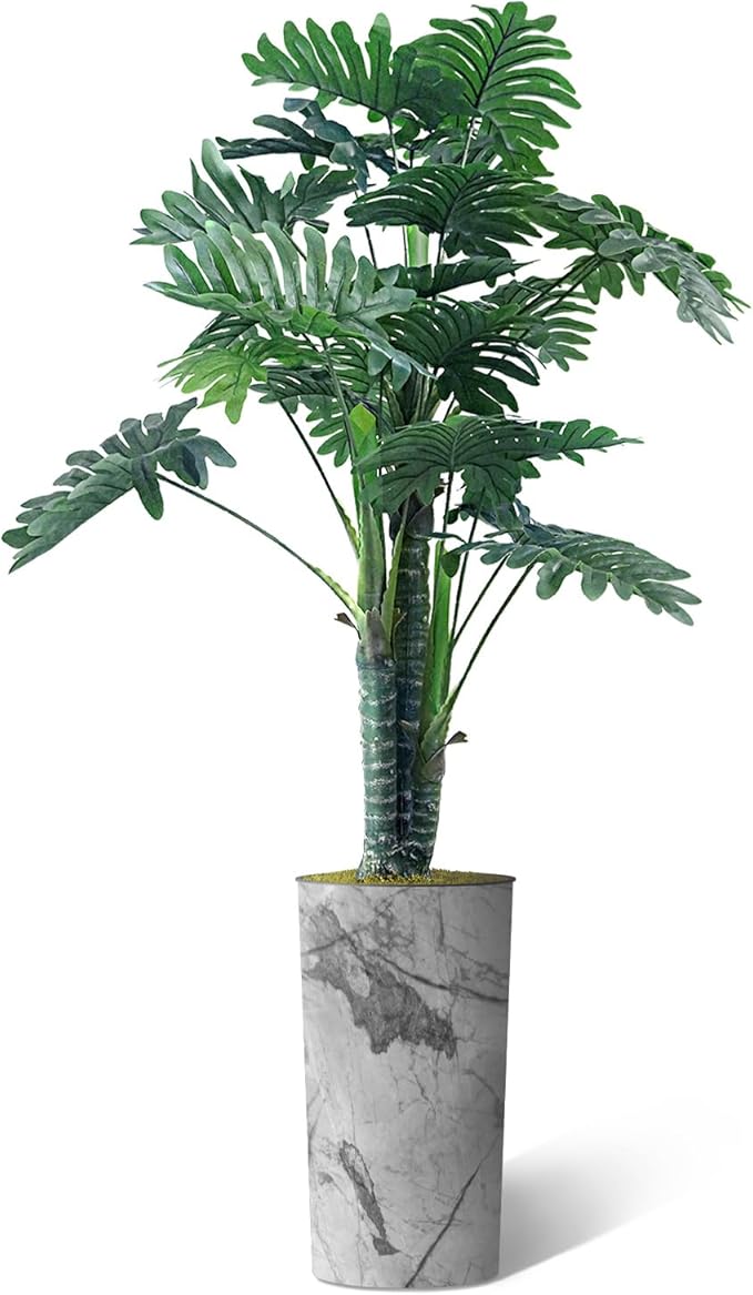 Artificial Tree in Gray Marble Effect Planter, Fake Philodendron Tree Silk Trees for Indoor and Outdoor Home Decoration - 70" Overall Tall (Plant Pot Plus Tree)