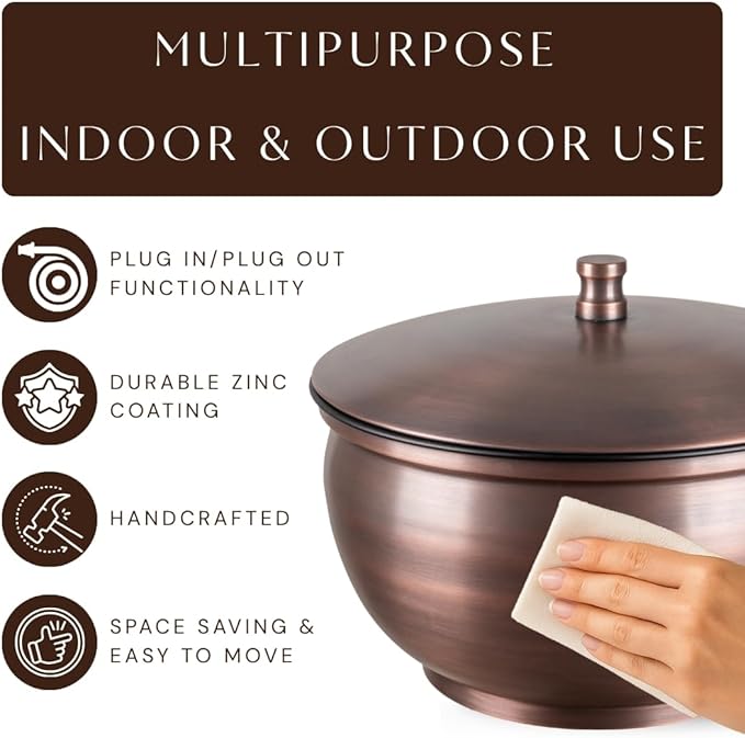 Monarch Abode Garden Hose Holder with Lid – Decorative Water Hose Holders for Outside, Smooth Metal Antique Copper Pot with Drainage, 100ft Waterhose Holder for Outside, Garden Storage Caddy