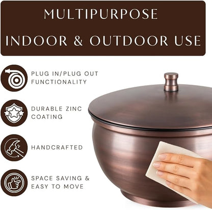 Monarch Abode Garden Hose Holder with Lid – Decorative Water Hose Holders for Outside, Smooth Metal Antique Copper Pot with Drainage, 100ft Waterhose Holder for Outside, Garden Storage Caddy