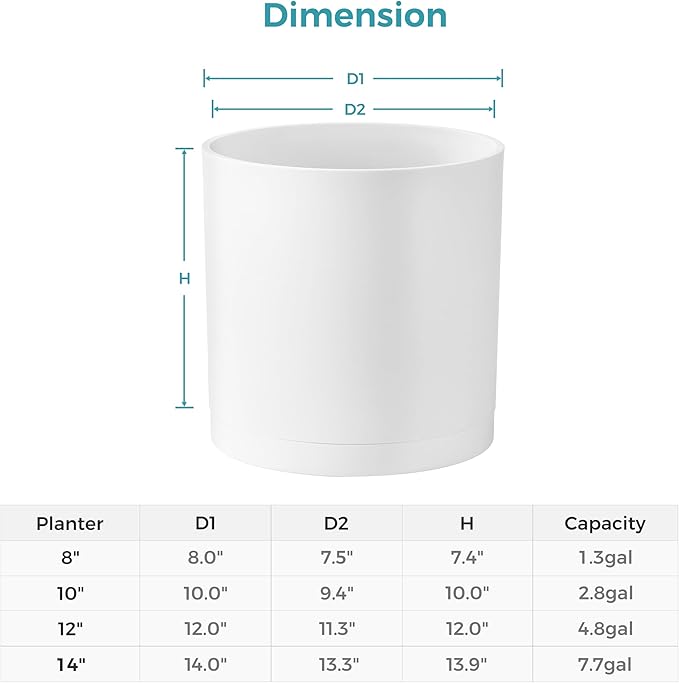 FaithLand 14-Inch Large Modern Cylinder Planter, Thick-Walled Plastic Plant Pot with Drainage Holes and Detachable Saucer, Matte White, Ideal for Indoor & Outdoor Plants Flowers