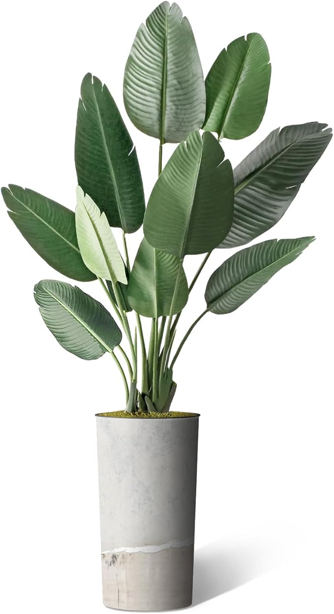 Artificial Tree in Gray Tan Watercolor Abstract Planter, Fake Bird of Paradise Silk Tree for Indoor and Outdoor Home Decoration - 67" Overall Tall (Plant Pot Plus Tree)