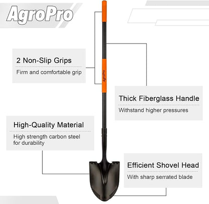 Heavy Duty Shovel, 58 Inches, Black, High Carbon Steel, Fiberglass Handle, Modern Style