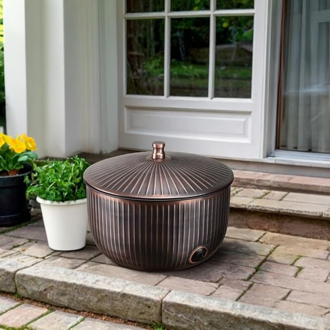 Monarch Abode Garden Hose Holder with Lid – Decorative Water Hose Holders for Outside, Ridge Embossed Metal Antique Copper Pot with Drainage, 100ft Waterhose Holder for Outside, Garden Storage Caddy