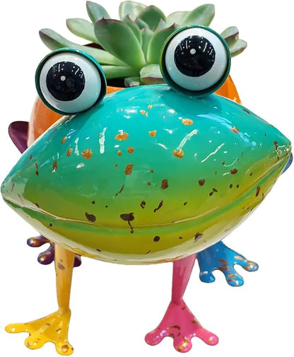 Continental Art Center Inc. 18148 Metal Frog Planter Flower Pot, Orange, Green