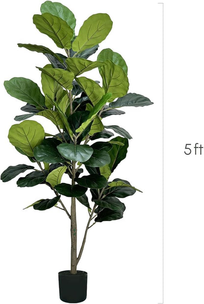 5ft Artificial Fiddle Leaf Fig Tree, Large Artificial Floor Plants Indoor, Tall Faux Plants UV-Resistant Outdoor Tree with Realistic Leaves for Home Office Living Room Decor