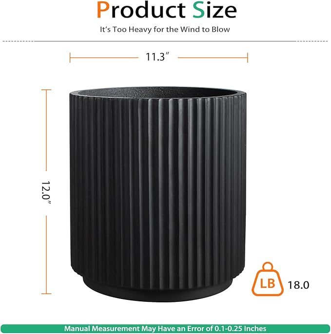 Round Concrete Planter Outdoor Indoor, Large Cement Plant Pots for Flowers (Vertical Black, 12 inch)