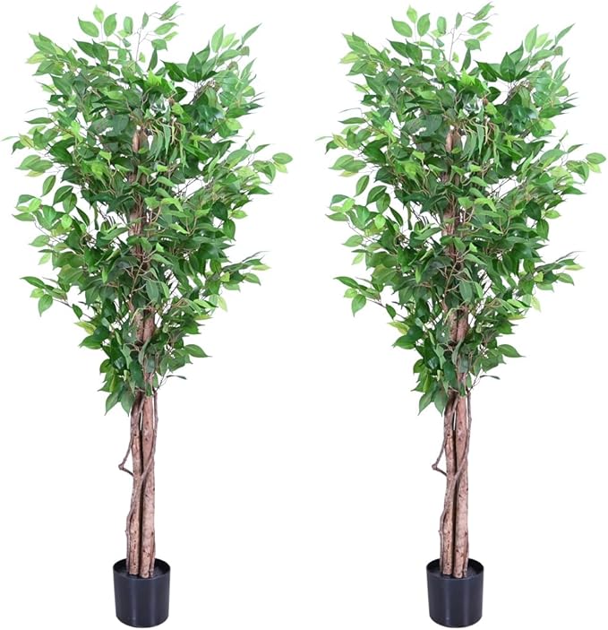 2pcs 6ft Decorative Fake Ficus Tree Indoor, Artificial Trees Indoor for Home Decor, Potted Faux Tree Plant with Realistic Silk Leaves, Natural Triple Wood Trunk for Outdoor, Office