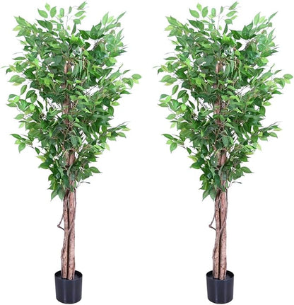 2pcs 6ft Decorative Fake Ficus Tree Indoor, Artificial Trees Indoor for Home Decor, Potted Faux Tree Plant with Realistic Silk Leaves, Natural Triple Wood Trunk for Outdoor, Office