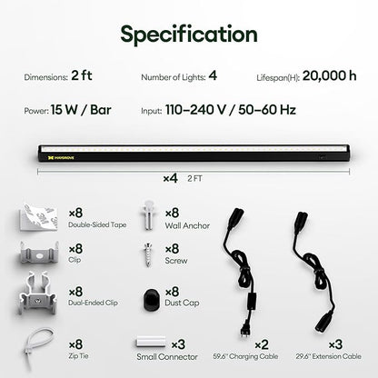 Grow Lights for Indoor Plants 2FT, Sun-Like Full Spectrum 5000K Grow Light, 60W(4 x 15W), T5 LED Grow Light Strips for Indoor Plants and Flowers, High PPFD, Linkable, Black, 4-Pack