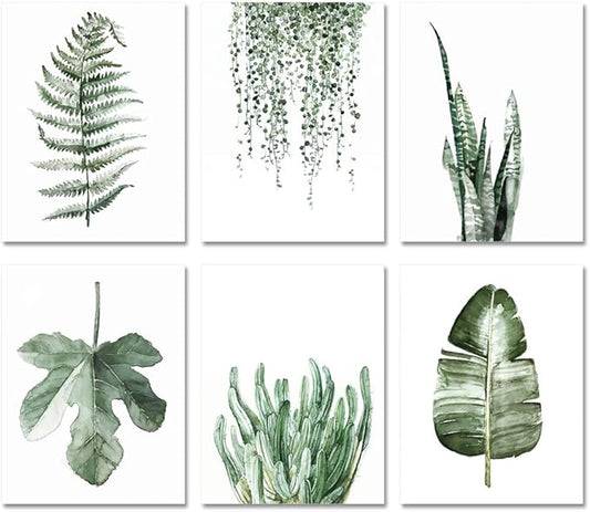 A ARTZONE Plant Prints Unframed Poster Set, 8x10, Set of 6, Sage Green Botanical Leaf Wall Art for Living Room Decor