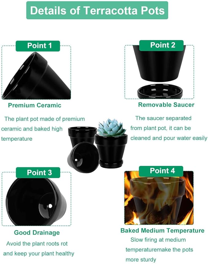 vensovo 4 Inch Black Ceramic Pots for Plant with Saucer - 6 Pack Small Ceramic Planter with Drainage Hole, Flowerpot with Tray, Great for Indoor Outdoor Plants, Crafts, Wedding Favor