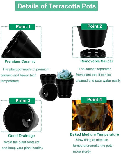 vensovo 4 Inch Black Ceramic Pots for Plant with Saucer - 6 Pack Small Ceramic Planter with Drainage Hole, Flowerpot with Tray, Great for Indoor Outdoor Plants, Crafts, Wedding Favor