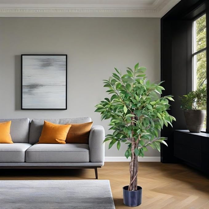 4ft Decorative Fake Ficus Tree Indoor, Artificial Trees Indoor for Home Decor, Potted Faux Tree Plant with Realistic Silk Leaves, Natural Triple Wood Trunk for Outdoor, Office