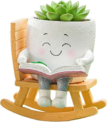 Adorable Smiley Face Reading Flower Pot, Unique Rocking Chair-Style Resin Plant Pot with Drainage Holes, Suitable for Indoor/Outdoor Planting and Home Decor (B)