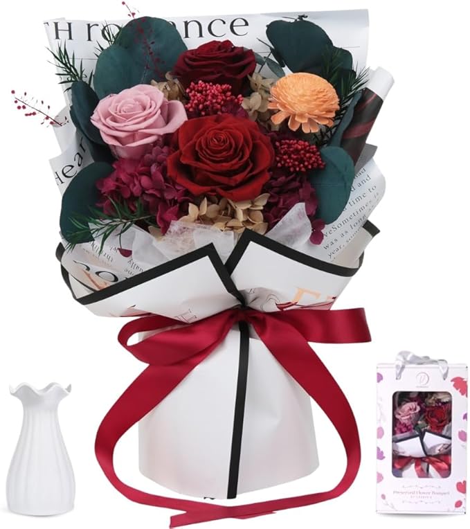 Forever Flowers Bouquet, Preserved Long Lasting Pink-Red Roses Flower Bouquet for Valentine’s Day, Christmas, Anniversary, Birthday Gifts for Her