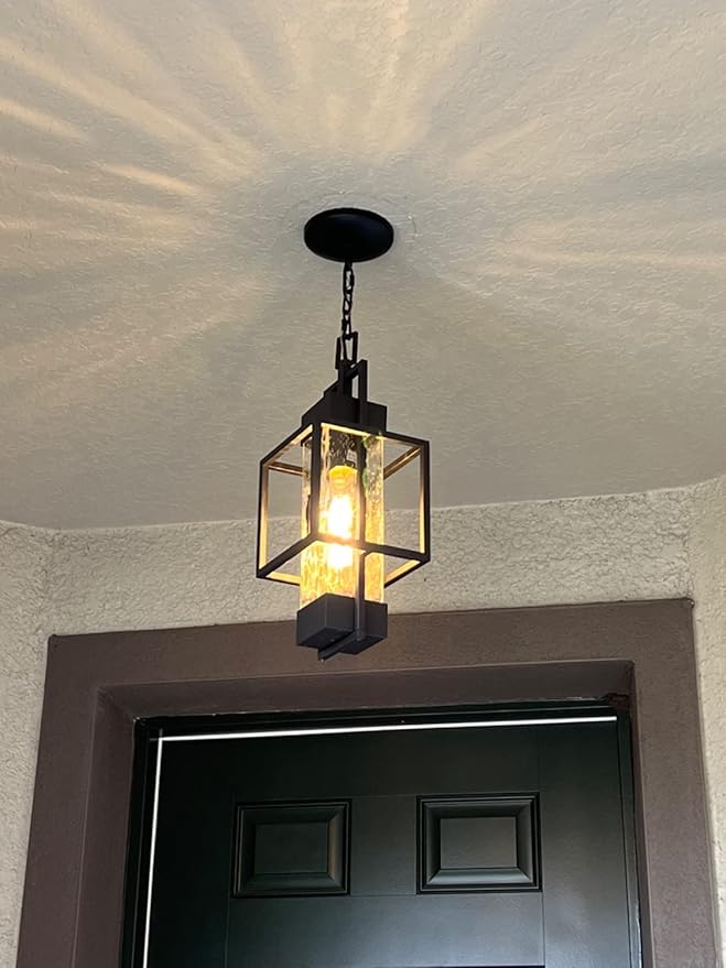 15" Outdoor Indoor Pendant Light Exterior Hanging Lantern, Modern Black Metal Outside Chandelier Light Fixture Ceiling Mount with Water Glass for Front Porch Entrance Foyer Entryway (Bulb Included)