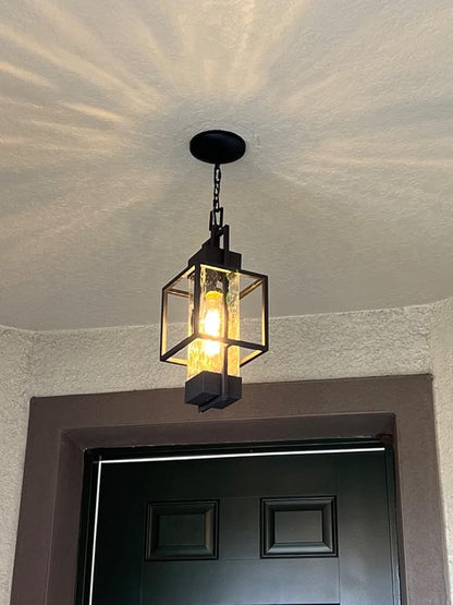 15" Outdoor Indoor Pendant Light Exterior Hanging Lantern, Modern Black Metal Outside Chandelier Light Fixture Ceiling Mount with Water Glass for Front Porch Entrance Foyer Entryway (Bulb Included)