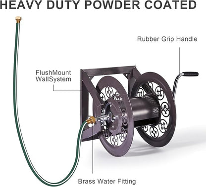 Garden Hose Reel Decorative Cast Wall/Floor/Wood Studs Mount Hose Reel, Garden Heavy-Duty Water Hose Holder Winder Holds 108-Feet of 3/4-Inch Hose - Bronze