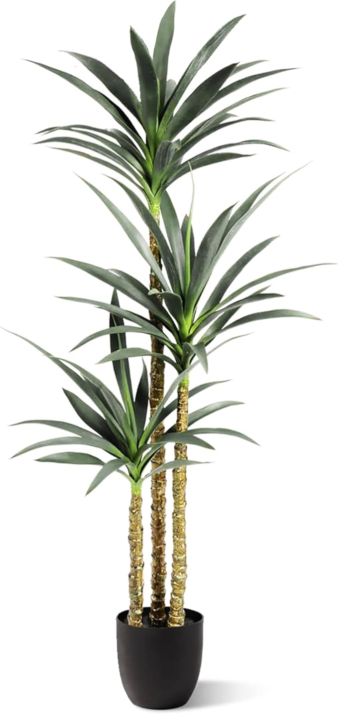 Hyper Realistic Dracaena 5ft Tall - Real Touch & VU Protected Faux Yucca Floor Plant in Pot- Artificial Agave Plant Fake Tree with Black Planter