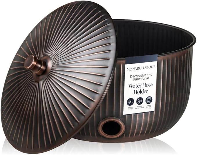 Monarch Abode Garden Hose Holder with Lid – Decorative Water Hose Holders for Outside, Ridge Embossed Metal Antique Copper Pot with Drainage, 100ft Waterhose Holder for Outside, Garden Storage Caddy