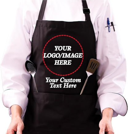 Custom Logo Apron, Personalized Name, Photo Aprons for Men&Women, Adjustable Waterproof Chef Bib with 2 Pockets, Professional Grilling Cooking Kitchen Apron, Customized BBQ, Baking Restaurant Gift