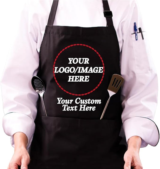 Custom Logo Apron, Personalized Name, Photo Aprons for Men&Women, Adjustable Waterproof Chef Bib with 2 Pockets, Professional Grilling Cooking Kitchen Apron, Customized BBQ, Baking Restaurant Gift