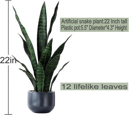 Beebel Artificial Plants Sansevieria Snake Plant with Black Plastic Planter Greenery Perfect Faux Agave Fake Plants in Pot for Home Office Indoor and Outdoo Décor (22" Green)