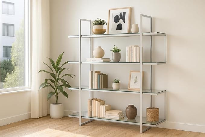 CARTESIAN Stellar Modern Glass Bookshelf, 5-Tier Open Display Case, 59" Wide x 63" High, Chrome Frame with Clear Tempered Glass Shelves