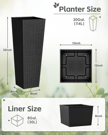 Greesum 32 Inch Tall Plastic Planters with Rattan Texture – Set of 2, Detachable Inner Pot & Drainage Holes, Indoor/Outdoor Decorative Flower Pots for Large Plants, Trees, Patio, and Garden, Black