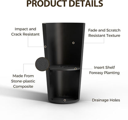 23.6" Tall Outdoor Planters, Set of 2 Large Plastic Flower Pots for Indoor & Outdoor Use, Modern Striped Decorative Garden Planters with Drainage Holes for Patio, Porch, Balcony, Black