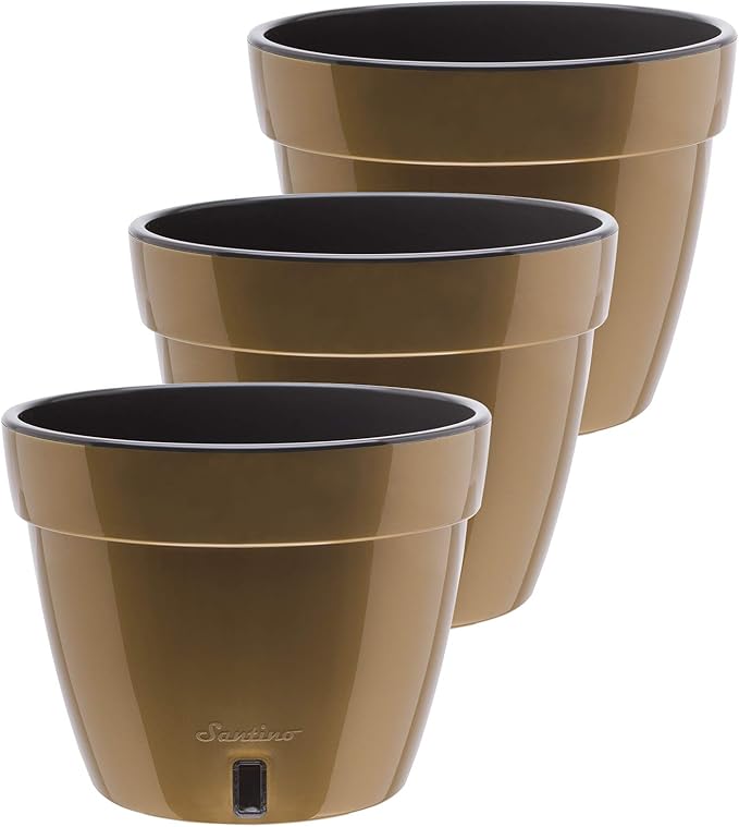 DECOPOTS - 3 Pack - Self Watering Planter - Modern Flower Pot with Water Level Indicator - 6.3" Tall - for All House Plants, Flowers, Herbs (Diameter 7.9", Gold - Black)
