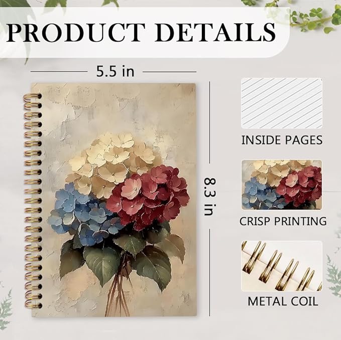nvucamd Vintage Hydrangea Floral Spiral Notebook, Rustic Hydrangea Flower Journal Notebook, Retro Flower Journaling Notebooks for Women, Floral Gifts Office Supplies, 5.5x8.3 Inch