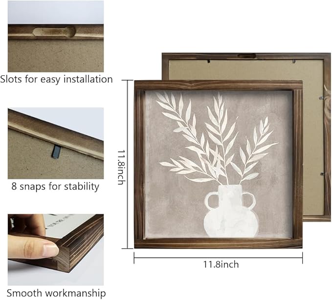 Pinetree Art Framed Boho Botanical Wall Art Set of 4, Plant Floral Wood Prints, Rustic Farmhouse Vintage Decor for Kitchen Living Room