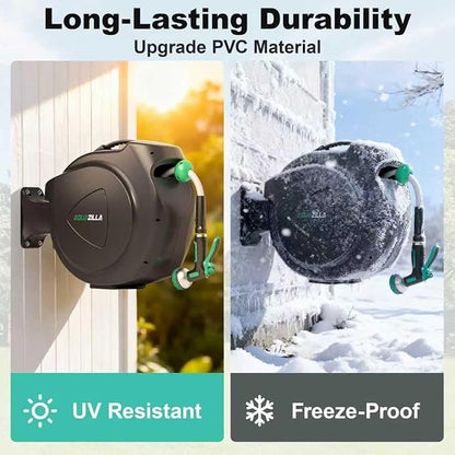 Retractable Garden Hose Reel - 5/8 in x 100 ft Automatic Wall Mount Heavy Duty Automatic Water Hose Reel with 9 Patterns Nozzle, Kink-Resistant Hose, 180° Swivel, Auto-Lock for Outdoor Watering