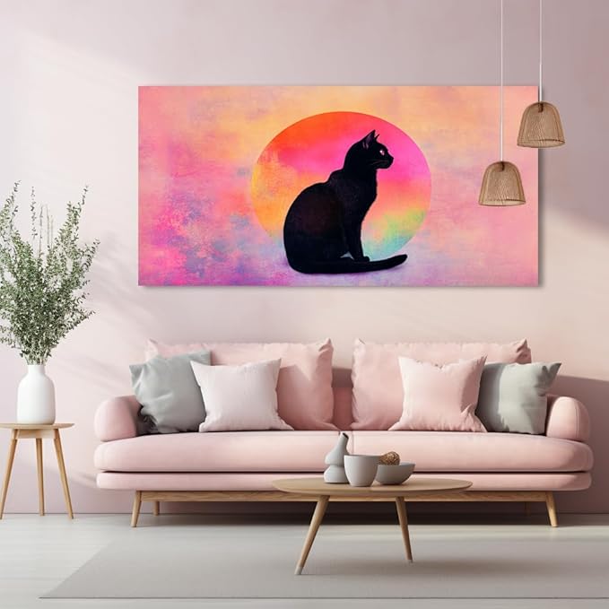 Black Cat Canvas Wall Art - Pink & Purple Sunset Landscape Painting with Silhouette Cat, Cute Retro Cartoon Cat Poster Painting Abstract Animal Wall Décor for Living Room Kid's Girls Bedroom Nursery Ready to Hang (16x32 Inches)