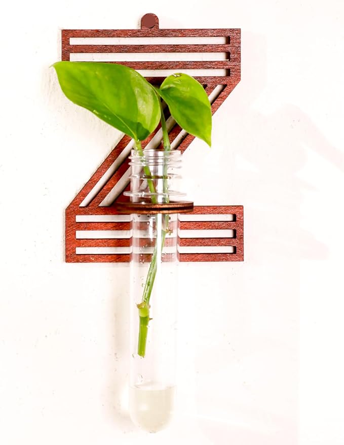 Wood Letter Wall Planter Terrariums Propagation Station with Test Tube Clear Flower Vase for Hydroponics Custom Vertical Garden Walnut DIY Home Decor Hanging Plant Holder Alphabet