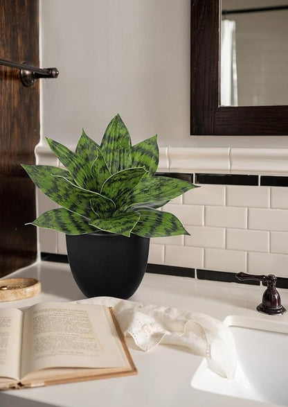 Hollyone Artificial Snake Plants 9" Faux Agave Succulent Plant Potted in Black Pot Fake Sansevieria Aloe Tropical Plant for Desk Modern Office Home Bathroom Indoor Outdoor Decor